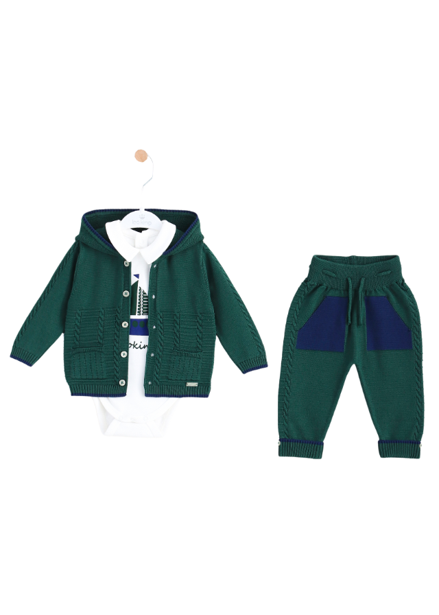 Set 3 Piese Hanorac si Pantaloni Tricotati Verzi si Body Alb cu Vapor 8519 Leo King