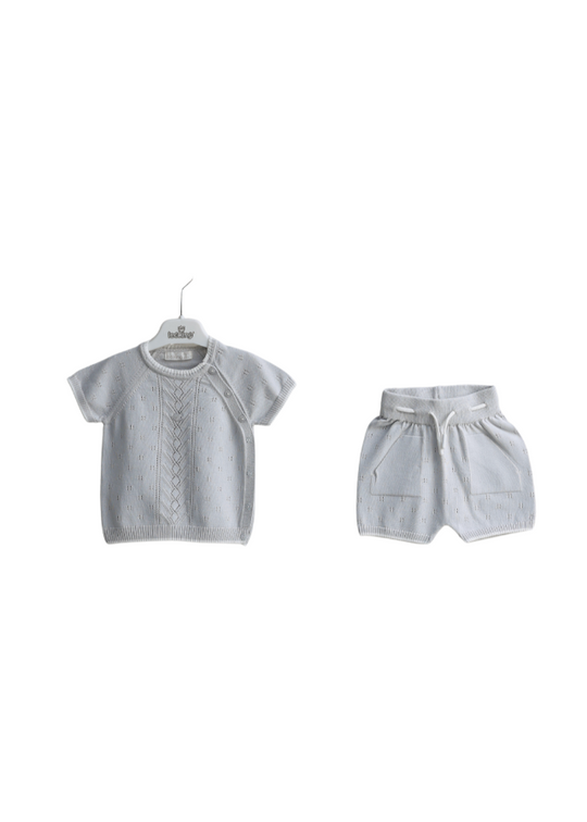 2 Piece Set Knitted Grey Short Sleeve Blouse and Drawstring Shorts 8151 Leo King