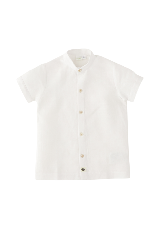 White Short Sleeve Shirt with Cossack Collar in Linen with Cotton 4.G157/00 iDO