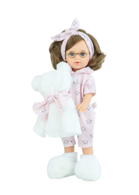 Papusa Marina Pijama Party, Corp Vinil cu Par Saten si Pijama Imprimeu Vesel si un Ursulet de Plus 1528 Marina&Pau