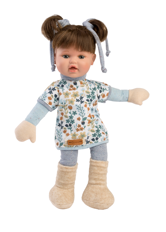 Papusa Mimi 36 cm, Par Saten, Corp Textil cu Rochita Alba Imprimeu FloriceleBleu 968 Guca Munecas