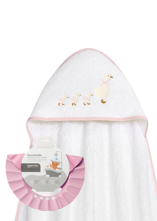 Prosop cu Capison Alb 100x100 cm+Protectie Cap cu Imprimeu Gaste Roz 01273-12 – Interbaby