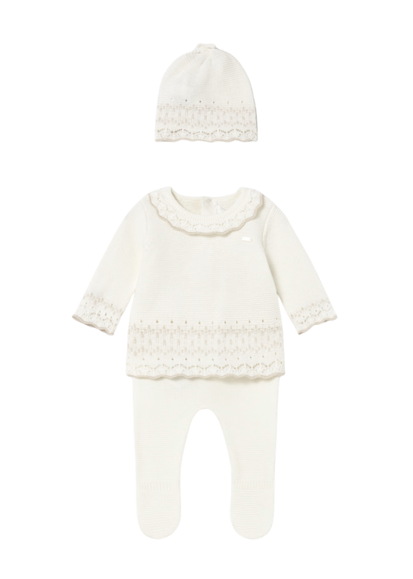 Set 3 Piese Tricotat Crem Bluza Pantaloni si Fes 2556 Mayoral