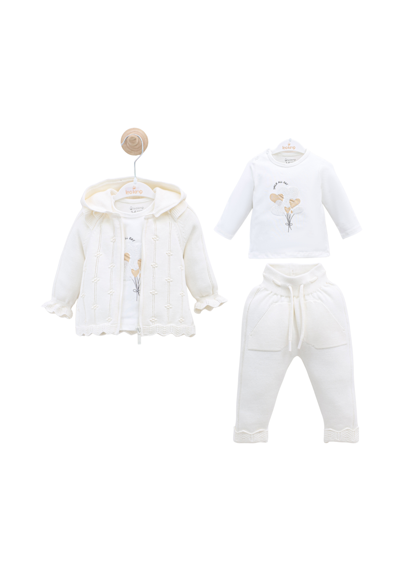 Set 3 Piese Tricotat Hanorac si Pantaloni Lungi Alb si Bluza Bumbac cu Paiete 8016 Leo King