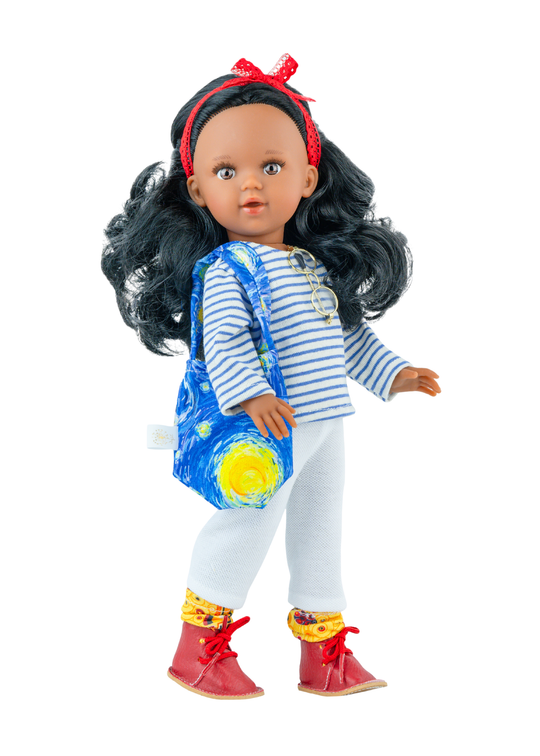 Papusa Parfumata Marina Love, Corp Vinil cu Par Negru Compleu Bleu si Geanta Asortata 1508 – Marina&Pau