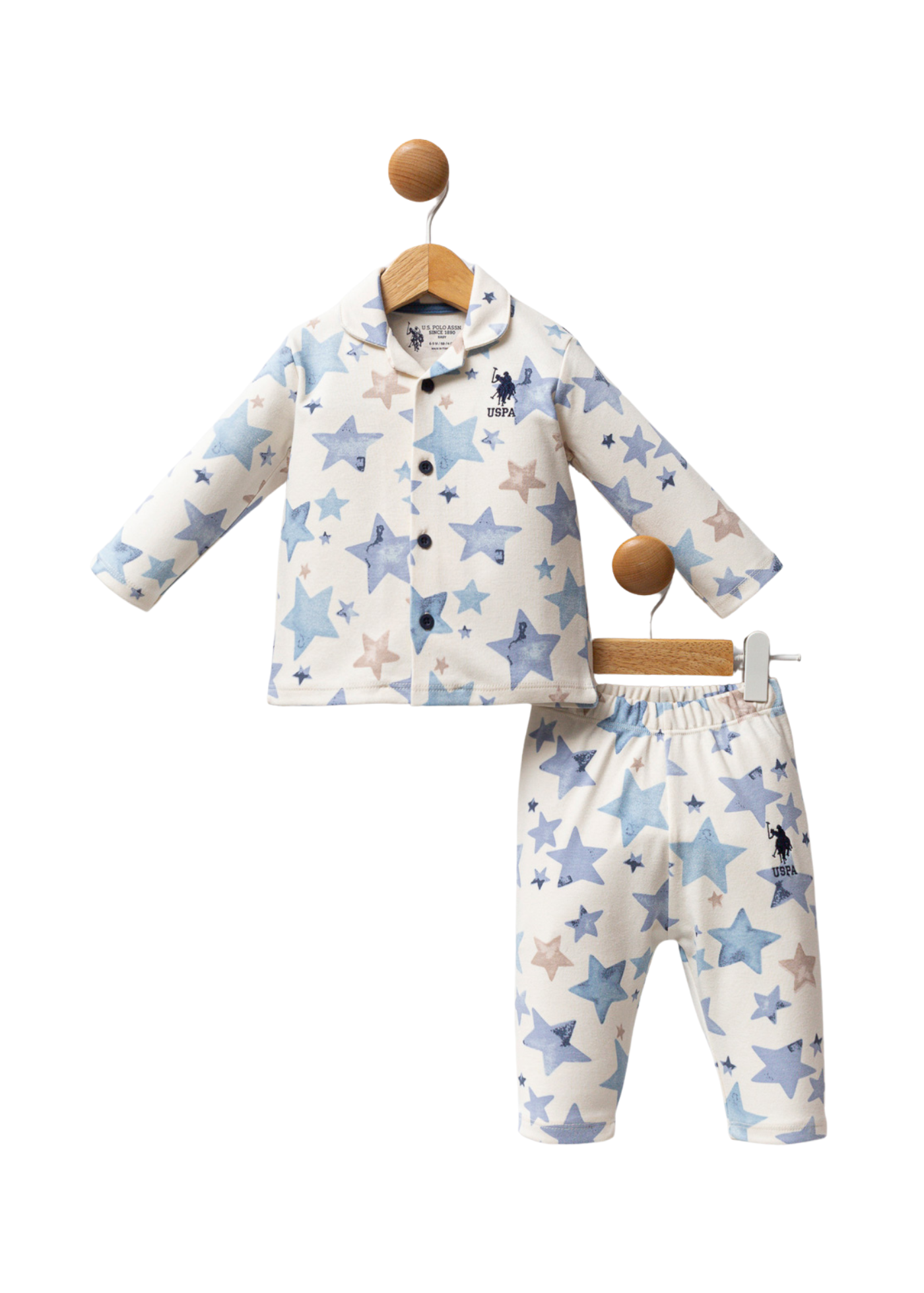 Pijama 2 Piese Crem cu Imprimeu Stele Bleu USB2526 Us Polo Assn