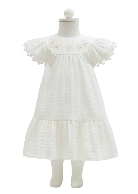 Rochie Muselina Crem cu Broderie pe Bust Smile ELB2405 Mell Sweet Baby