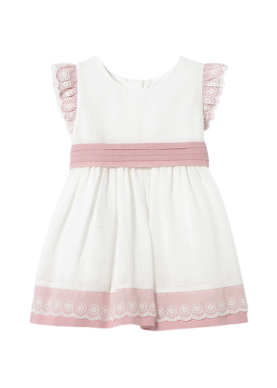 Sleeveless Cream Cotton Linen Dress with Pink Lace 1908 Mayoral