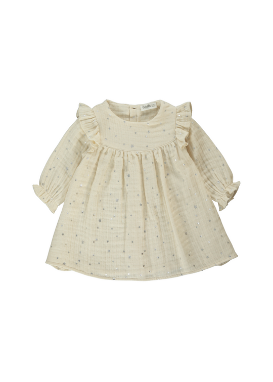 Rochie din Muselina Crem cu Maneca Lunga cu Stele K4896 Bebetto