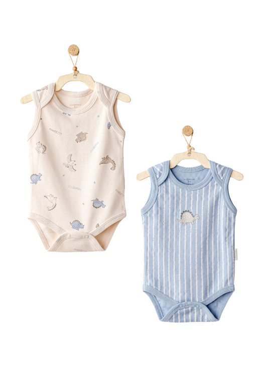 Set of 2 Pieces Bodysuit Beige with Blue with Dinosaurs AC25921 Andywawa