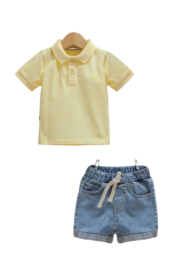 Set 2 Piese Tricou Polo Galben si Pantaloni Denim Scurti 9832 Mell Sweet Baby - Camera Bebelusului