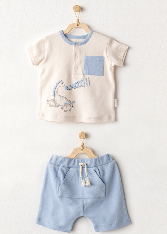 Set 2 Piese Tricou si Pantaloni Scurti Crem cu Bleu cu Dinozauri AC25915 Andywawa