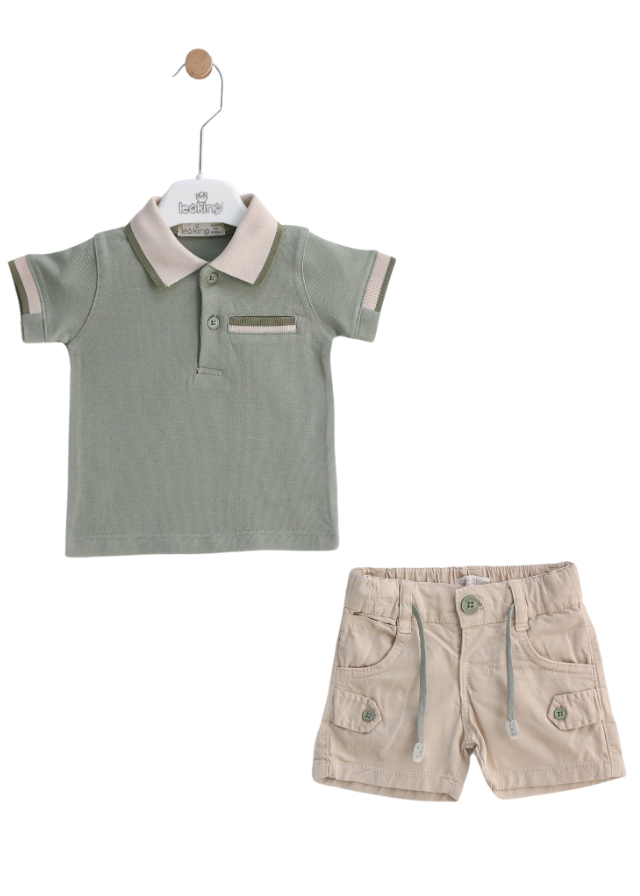 Set 2 Piese Tricou Polo Kaki si Pantaloni Scurti Bej Cargo 11811 Leo King - Camera Bebelusului