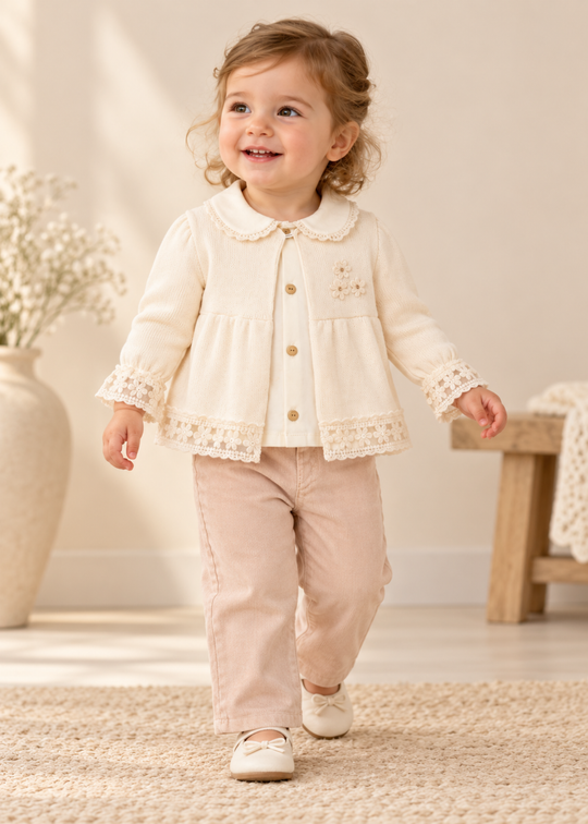Set 3 Piese Cardigan Ecru cu Bluza cu Guler si Pantaloni Bej 4631 – MyMio