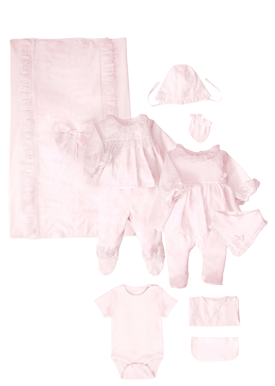 Set Pretty Girl din 10 Piese pentru Nou-Nascut, din Tesatura cu Dantela si Fundita Roz Z1187 – Bebetto