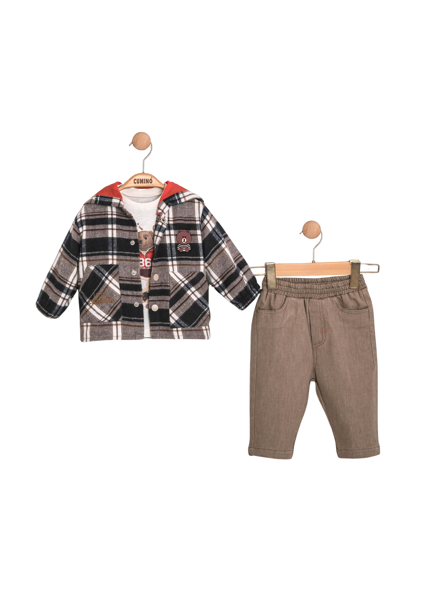 Set 3 Piese Camasa Stofa Carouri Bleumarin cu Bej, Pantaloni Lungi Bej si Bluza Crem 3744 Mino Baby