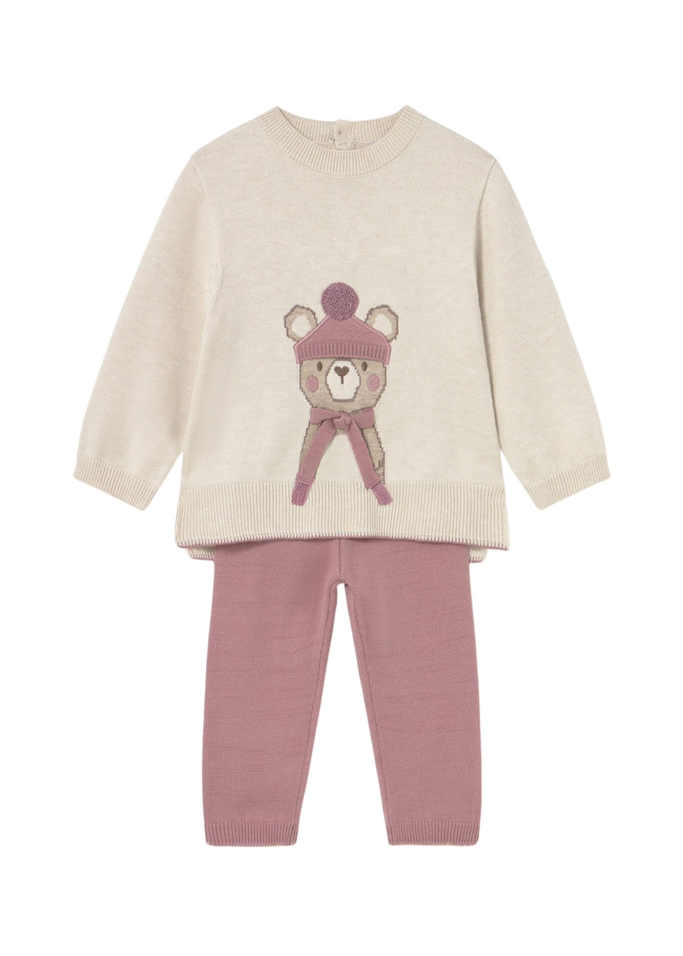 Set 2 Piese Tricotat Pulover Bej cu Urs si Pantaloni Roz Pudra 2595 Mayoral