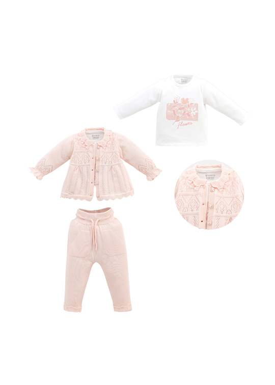 Set 3 Piese Cardigan si Pantaloni Tricotate Somon si Bluza din Bumbac 8556 Leo King