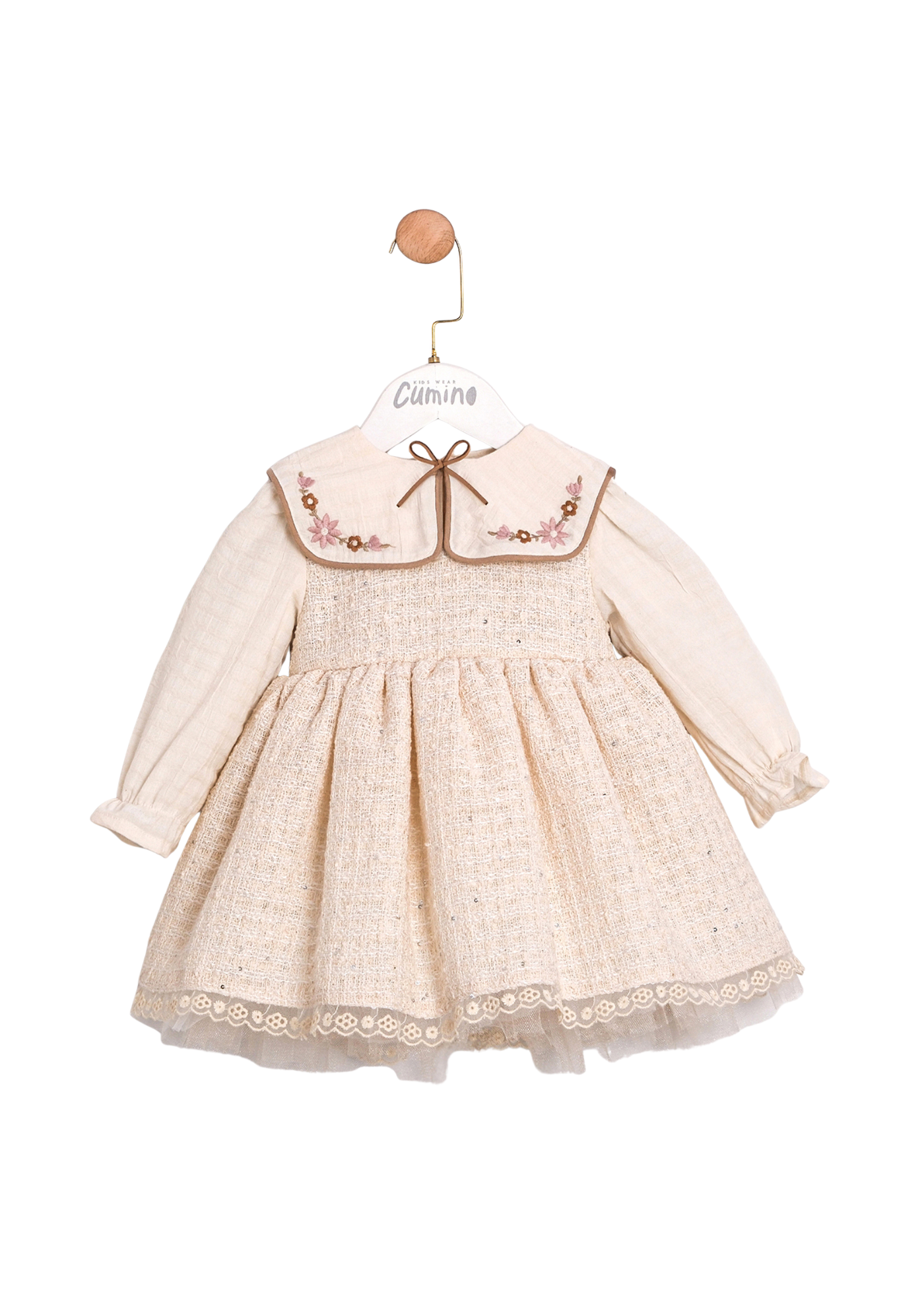 Rochie Tip Sarafan Stofa Crem cu Paiete, Maneci si Guler Tip Camasa 3732 Mino Baby