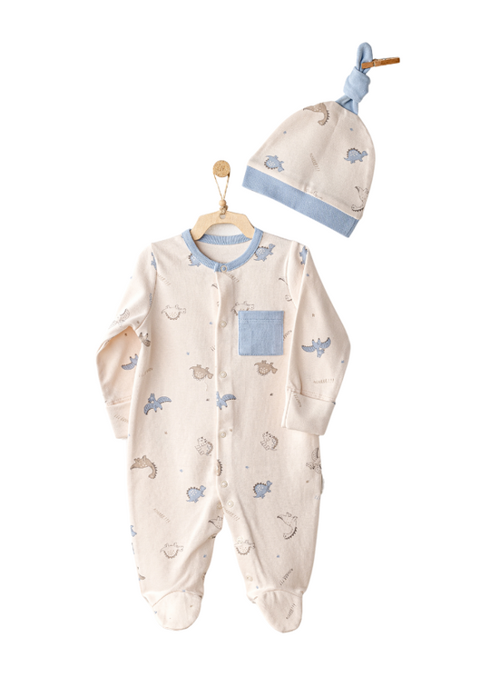 Set Salopeta Lunga Bej cu Imprimeu Dinozauri Bleu si Fes AC25919 Andywawa