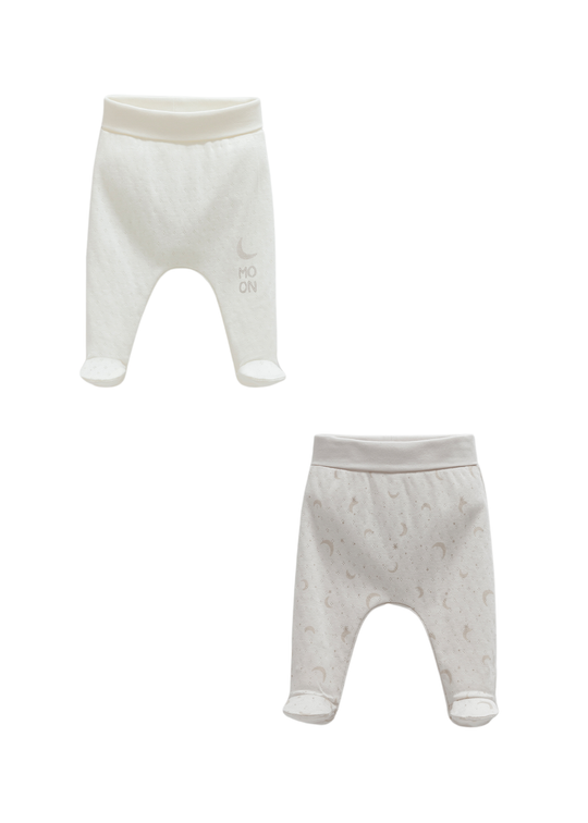 Set 2 Perechi Pantaloni cu Picior Bumbac Perforat Crem cu Grej APE1555 Mell Sweet Baby