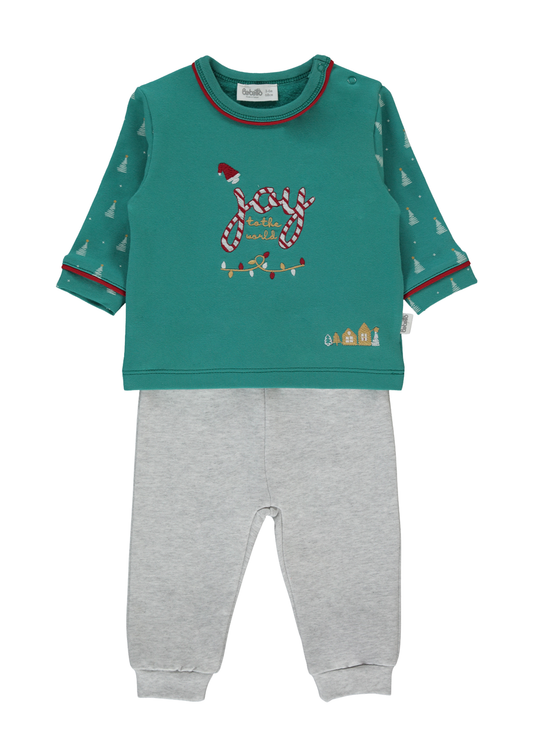 Set 2 Piese Bluza Verde cu Instalatie Craciun si Pantaloni Lungi Gri K5113 Bebetto