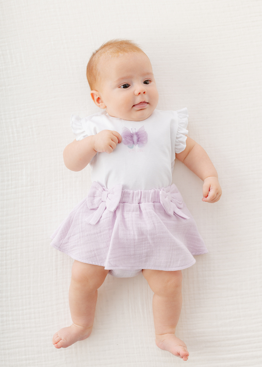 Set 2 Piese Tricou Alb cu Fluture Mov si Fusta din Muselina Mov AC25575 Andywawa