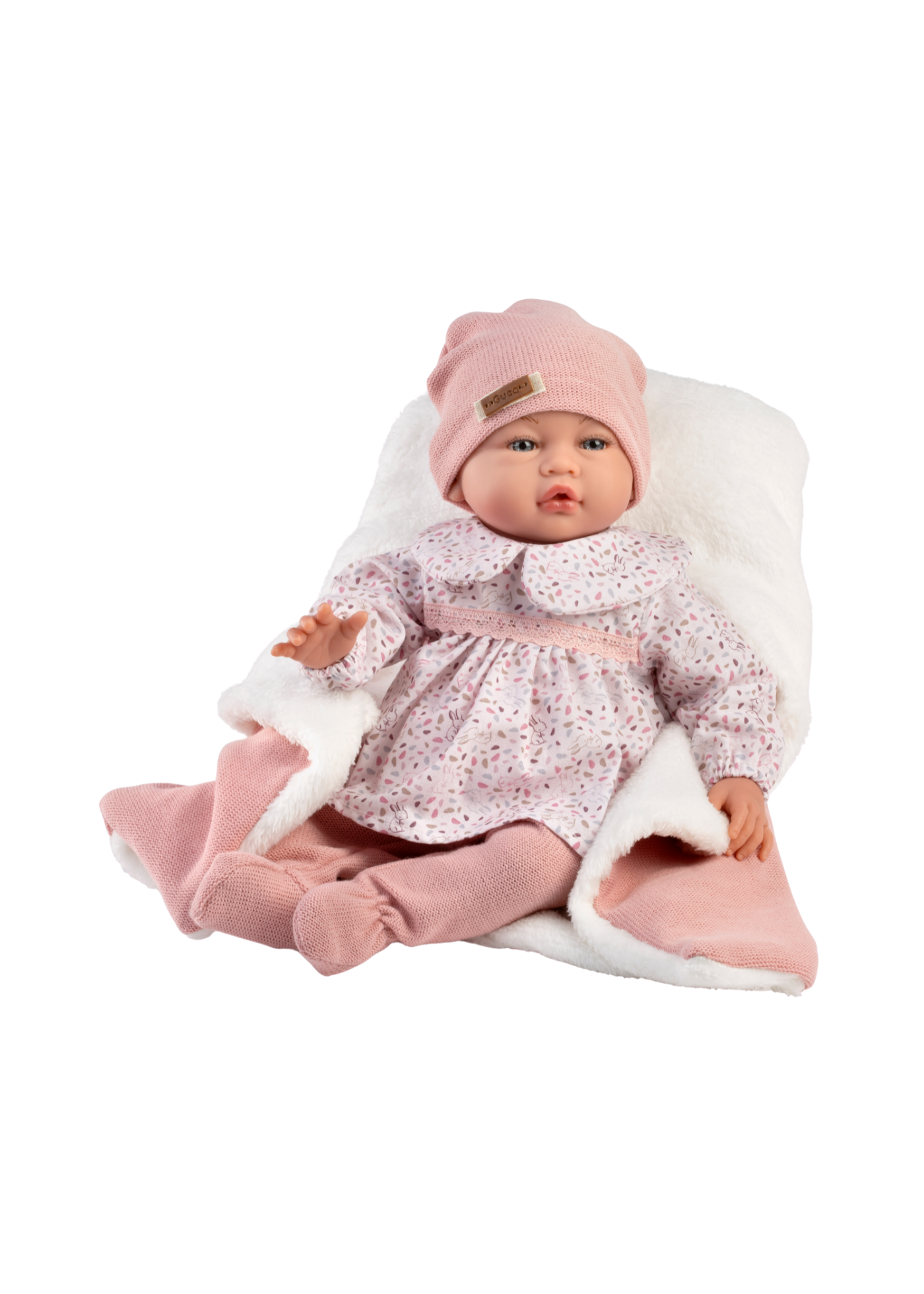 Papusa Luna, 42 cm, Fara Par, Corp Vinil+Textil cu Rochita Alba Imprimeu Frunze si Animale, Accesoriu Paturica Roz 856 – Guca Munecas