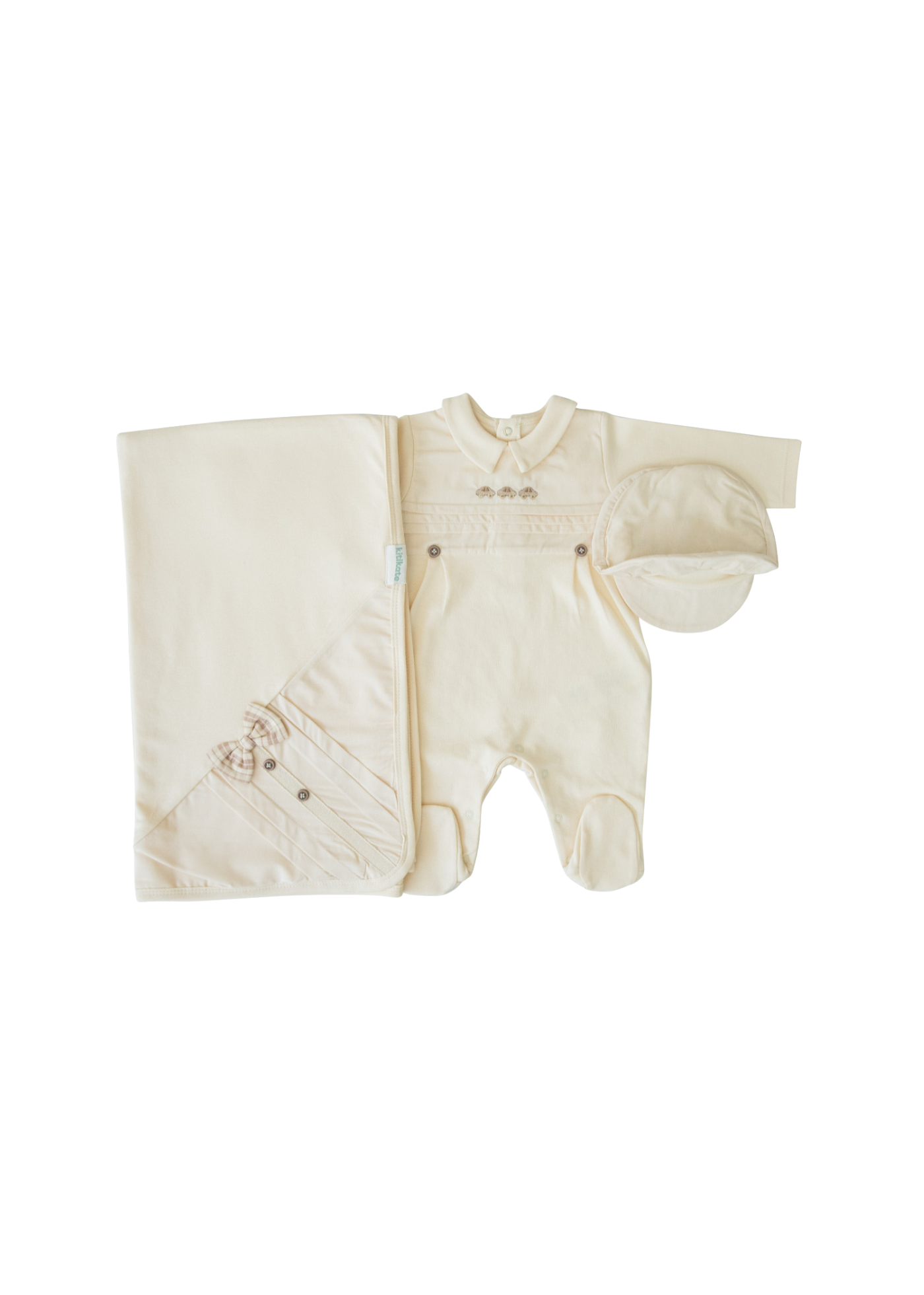 Set 3 Piese Bej cu Masini Salopeta Lunga, Sapca si Pled Bumbac Organic S60171 Kitikate