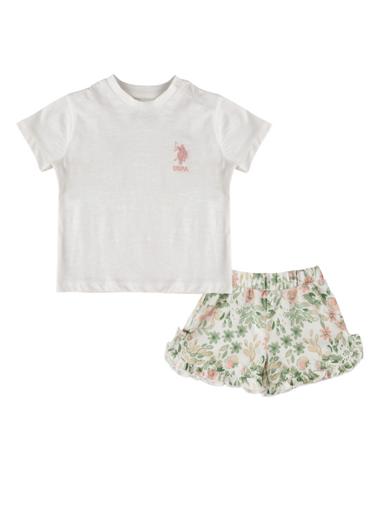 Set 2 Piese, Tricou Ivory si Pantaloni Scurti cu Imprimeu Flori Roz cu Verde 1998 Us Polo Assn