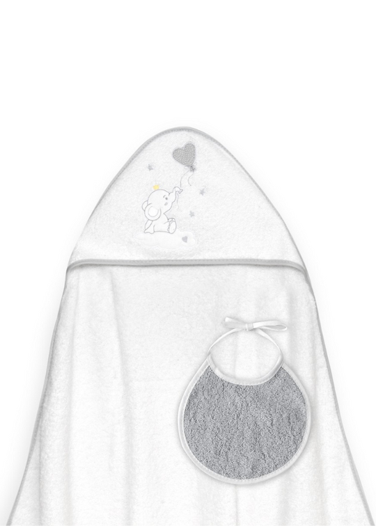 Prosop cu Capison 100x100 cm si Bavetica Alb-Gri cu Elefantel 01247-18 Interbaby