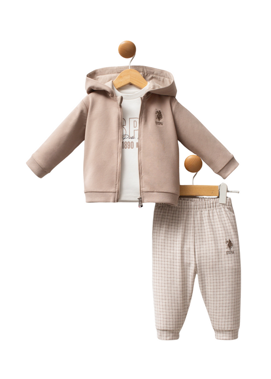 Set 3 Piese Jacheta Bej cu Fermoar si Buzunare Bluza Crem si Pantaloni Sport Negri USB 2579 Us Polo Assn