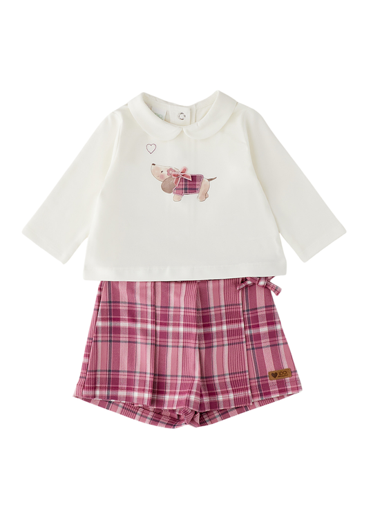 Set 2 Piese Bluza Crem cu Pantaloni Scurti in Carouri Frez pentru Fetite 4.H133 – iDO