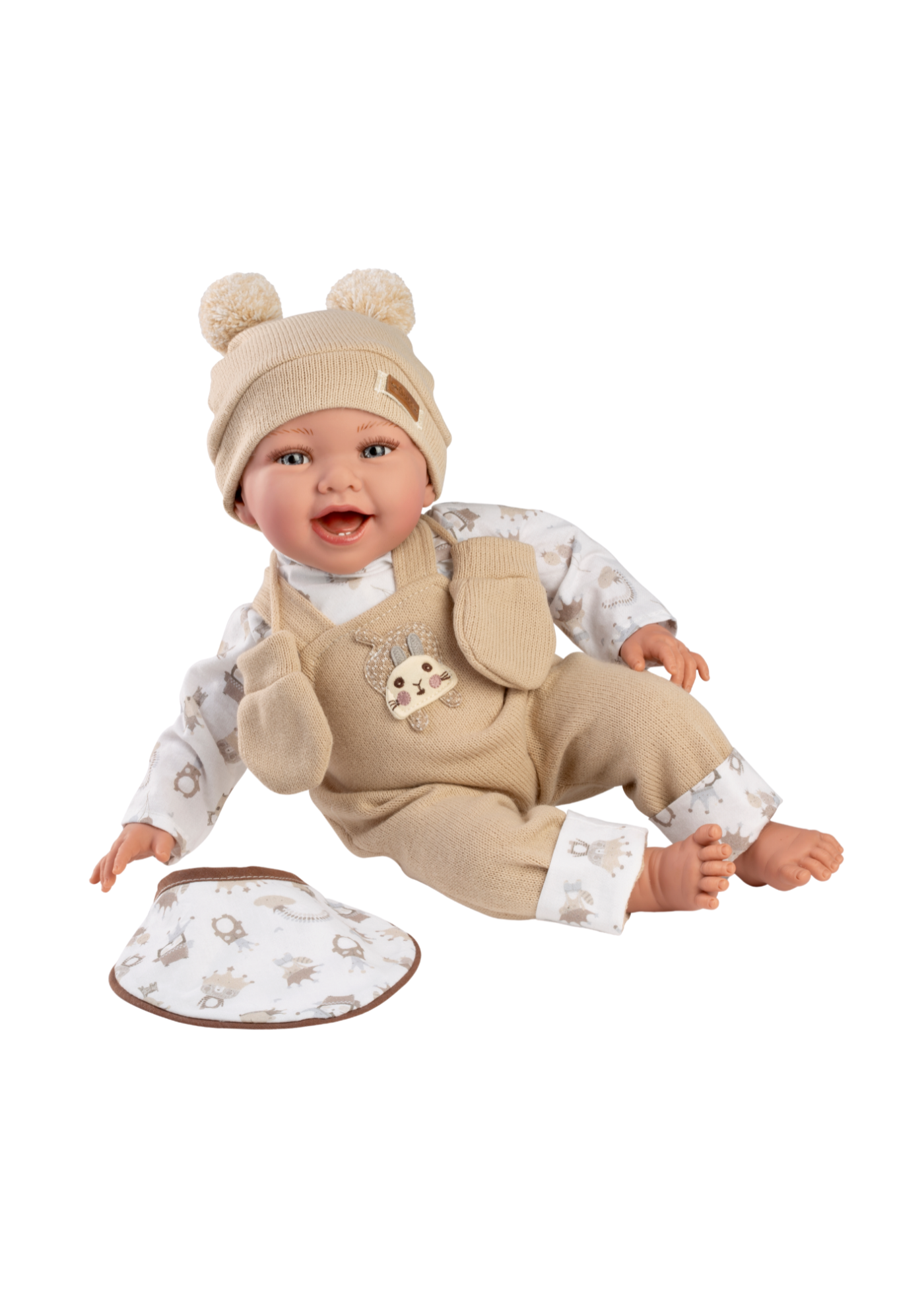 Papusa Oliver, 42 cm, Fara Par, Corp Vinil+Textil cu Salopeta Bej 845 – Guca Munecas