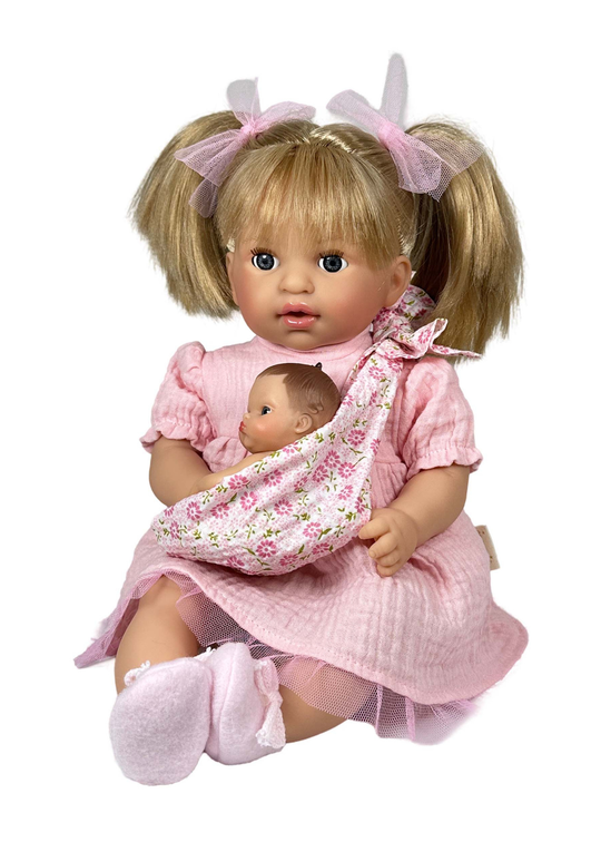 Papusa Parfumata Alex Blonda cu Mecanism Rochita din Muselina Roz si Bebelus in Esarfa – 40 cm – 4033 – Nines