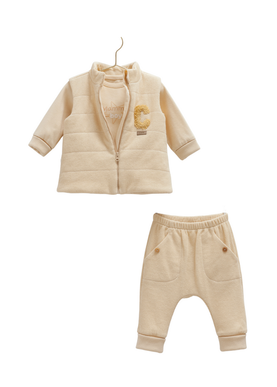 Set 3 Piese Bej Bluza si Pantaloni Lungi Bumbac si Vesta Matlasata cu Fermoar TKE2055 Mell Sweet Baby