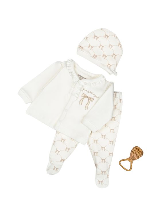 Set 3 Piese Bumbac Organic Crem cu Imprimeu Funde Roz Pudra Bluza,Pantaloni si Fes CSY8144 Baby Cosy