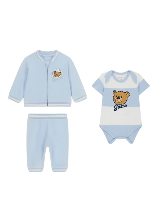Set 3 Piese Bluza Sport cu Fermoar, Tricou si Pantaloni Bleu cu Urs pentru Baieti P6YG09 – Guess