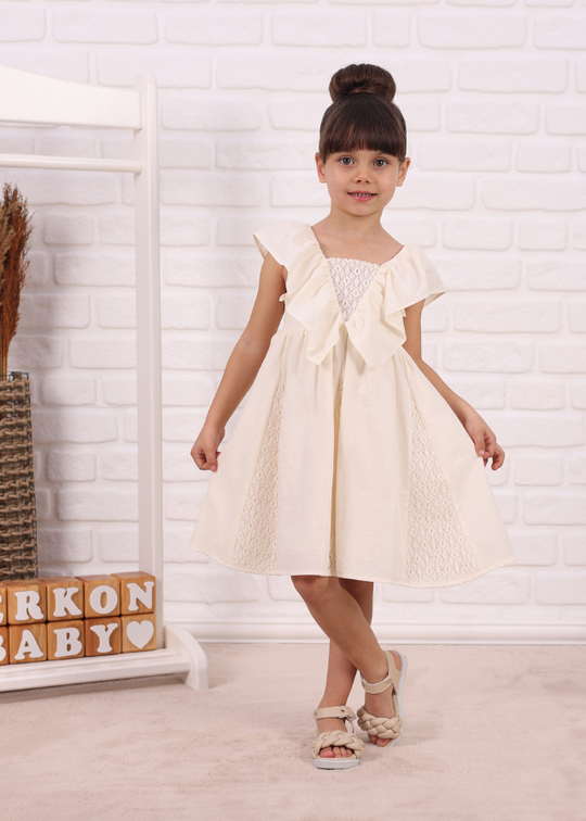 Rochie Bej cu Insertii Dantela Macrame si Volan in V pe Bust 781 Connie Baby