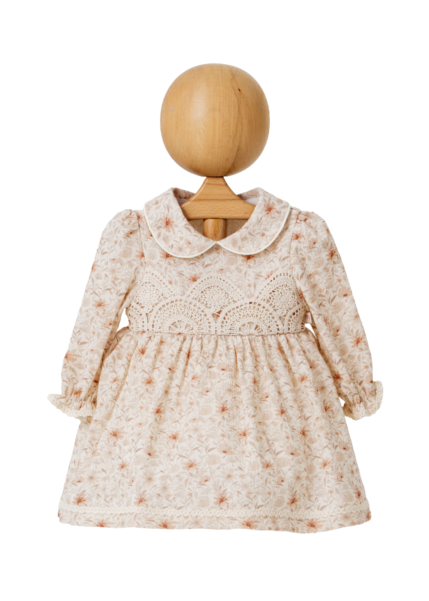 Rochie Bej din Muselina cu Maneca Lunga Imprimeu Flori Roz Pudra si Dantela Crosetata in Talie 4419 MyMio