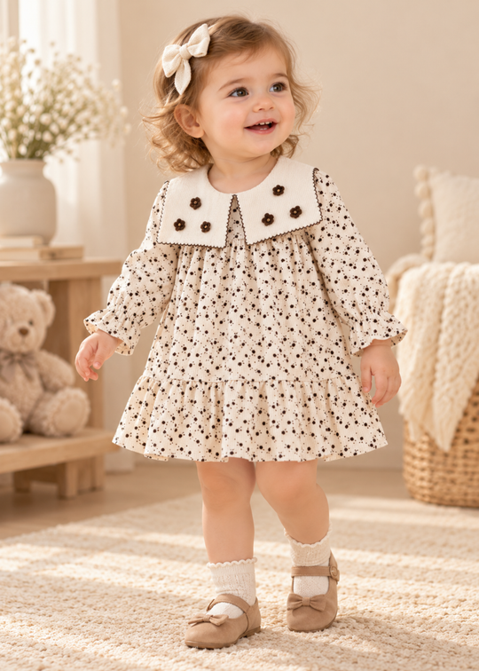Rochie Bej din Reiat cu Imprimeu Floral si Guler Patrat pentru Fete 4687 – MyMio