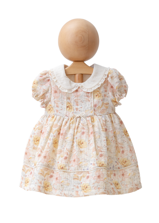 Rochie cu Maneca Scurta din Muselina Crem cu Imprimeu Flori Bej cu Roz 4318 MyMio