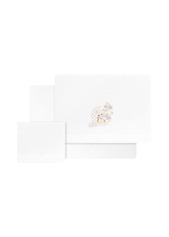 Set Lenjerie Patut 3 Piese Alba cu Ursuleti Imbratisati Gri 03350-18 – Interbaby