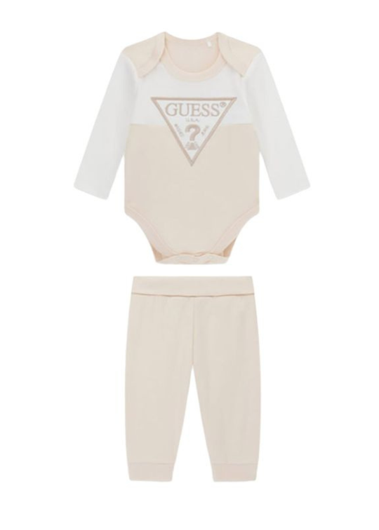 Set 2 Piese Body Maneca Lunga si Pantaloni Lungi Alb cu Bej H6YG04 K4125 G1ET Guess