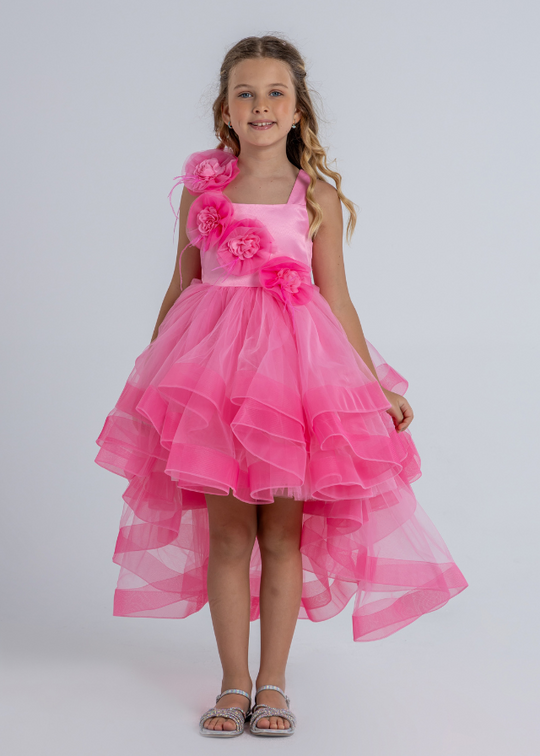 Fuchsia Ceremony Dress with Tulle Skirt with Train and Flowers Applied to the Bust 3008 Mon Princess