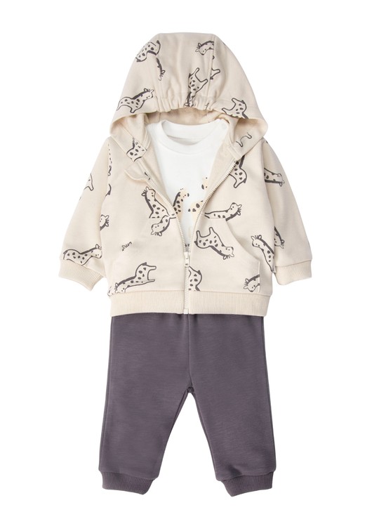 Set de 3 Piese: Cardigan cu Gluga si Girafe, Bluza si Pantaloni Gri K5535 – Bebetto