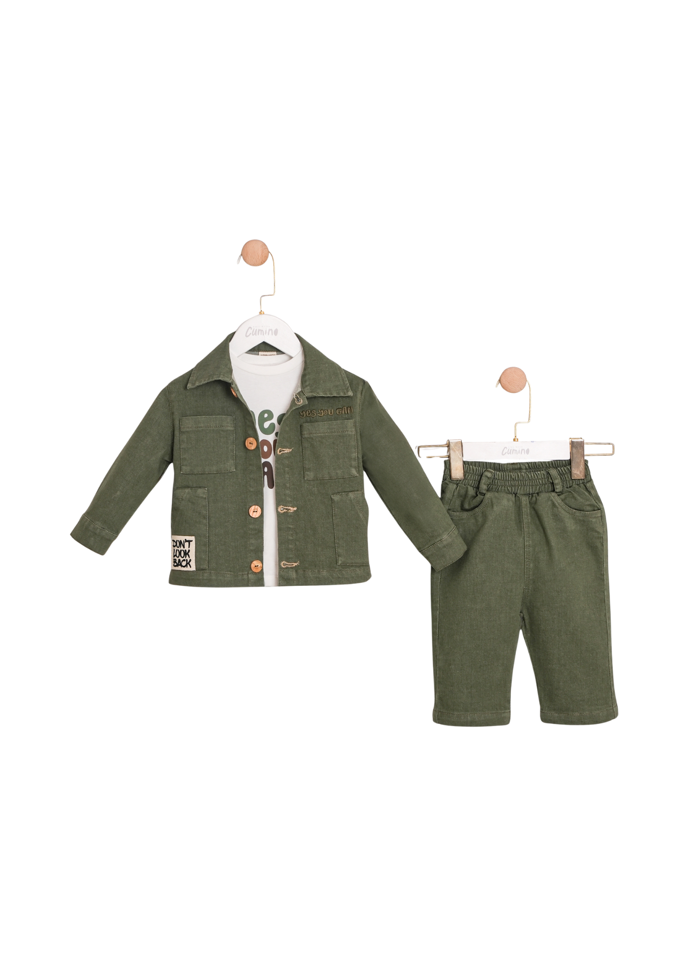 Set 3 Piese Camasa si Pantaloni Lungi Verzi si Bluza din Bumbac Crem 3759 Mino Baby