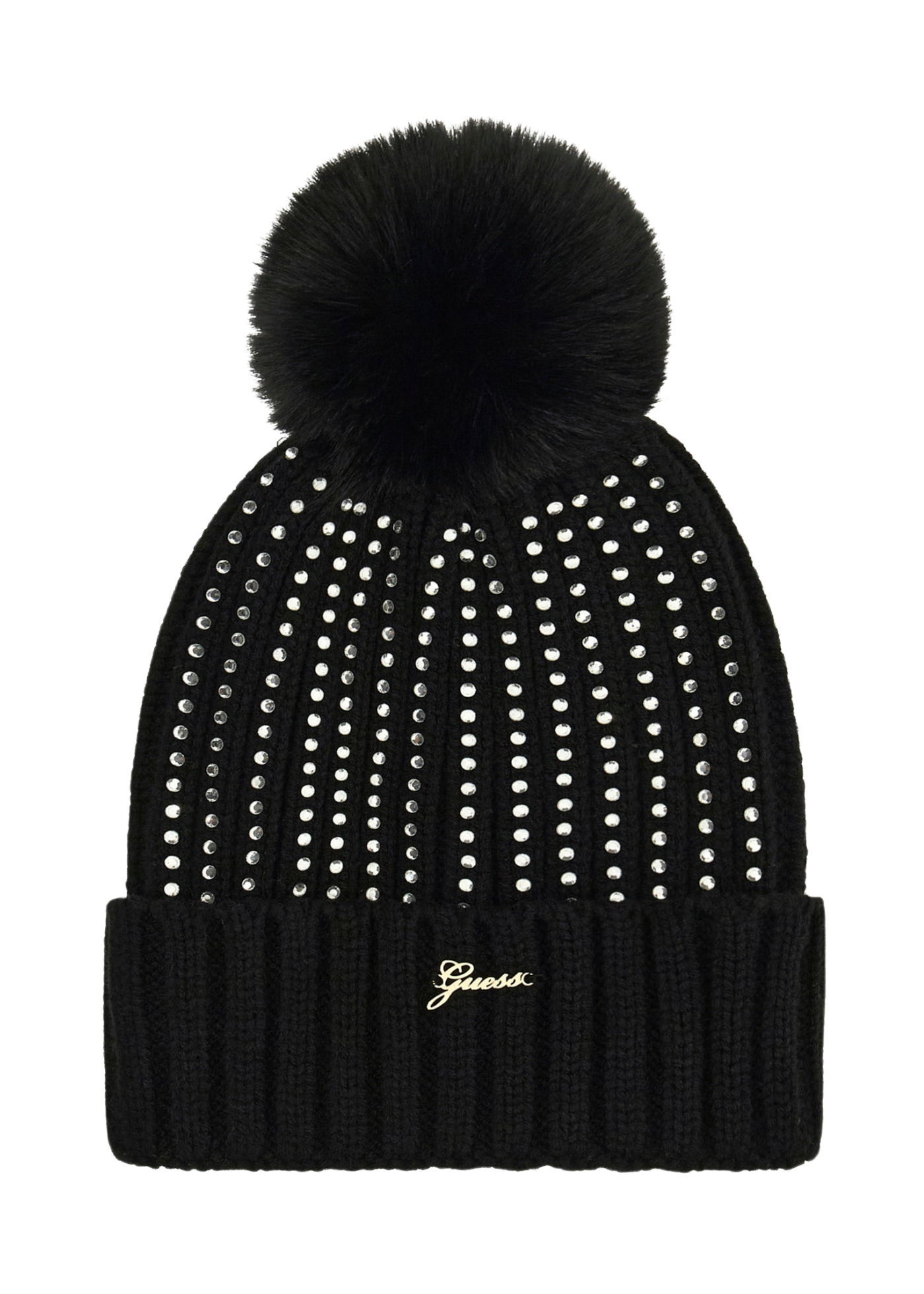 Caciula Tricotata Neagra cu Strasuri si Ciucure din Blana Eco J5BZ04 K1370 JBLK Guess