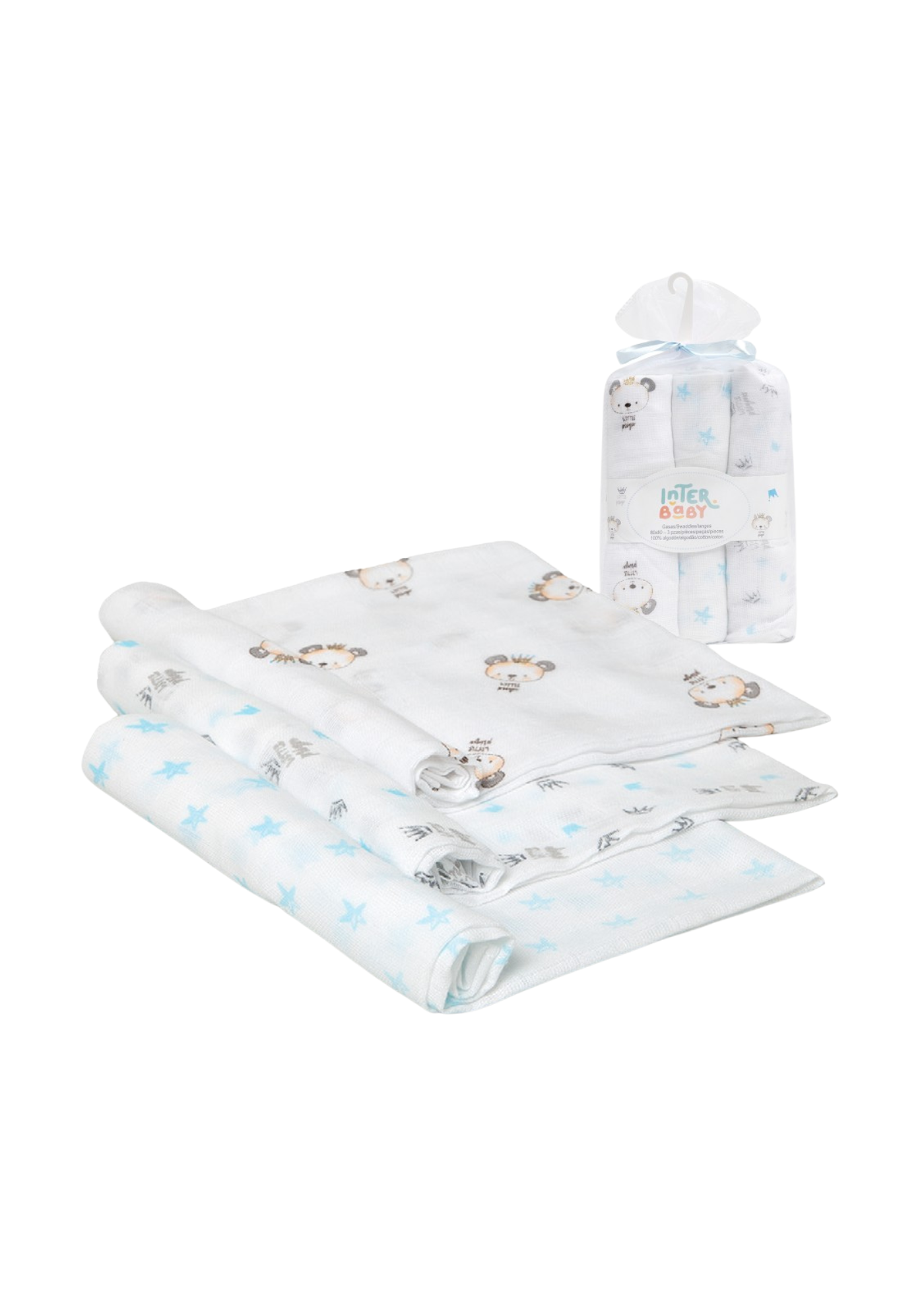 Set 3 Scutece Muselina Alb-Bleu cu Imprimeu Panda 80x80 cm 99980P-01 Interbaby