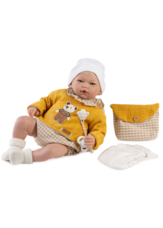 Reborn Guille 46 cm Vinil Par Blond Natural cu Pulover Galben Pantaloni Scurti si Gentuta Alb-bej 10265 Guca